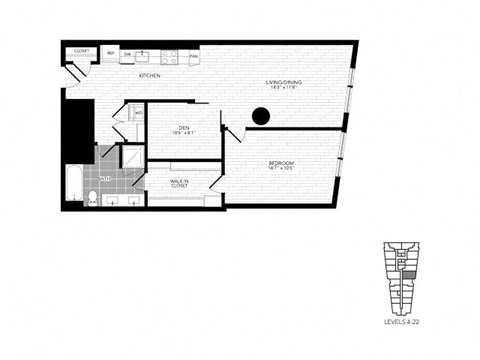 Floor plan for 1 bed, 1 bath, 920 sqft