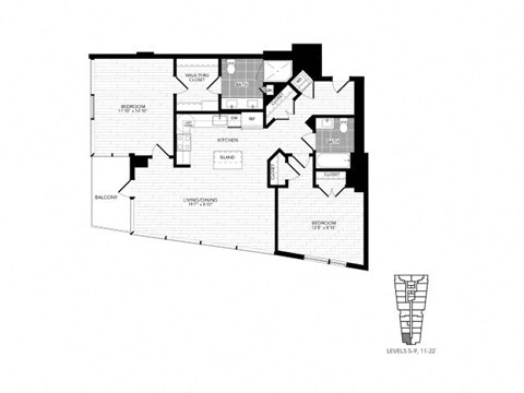 Floor plan for 2 beds, 2 baths, 1055 sqft