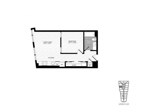 Floor plan for 1 bed, 1 bath, 570 sqft