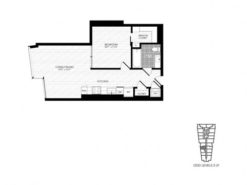 Floor plan for 1 bed, 1 bath, 635 sqft