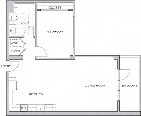 Floor plan for 1 bed, 1 bath, 822 sqft