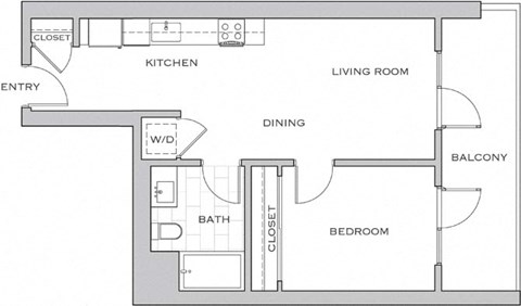 Floor plan for 1 bed, 1 bath, 584 sqft
