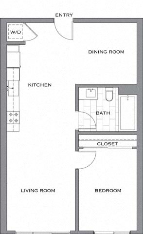 Floor plan for 1 bed, 1 bath, 779 sqft