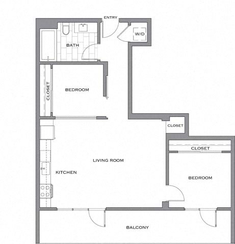 Floor plan for 2 beds, 1 bath, 905 sqft