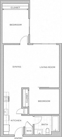 Floor plan for 2 beds, 1 bath, 976 sqft
