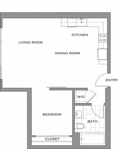 Floor plan for 1 bed, 1 bath, 579 sqft