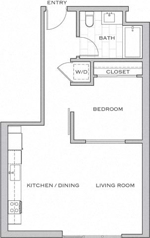 Floor plan for 1 bed, 1 bath, 639 sqft