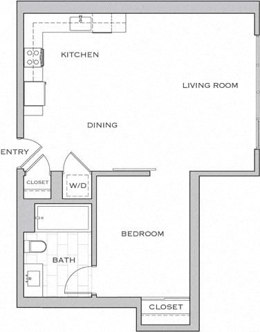 Floor plan for 1 bed, 1 bath, 711 sqft