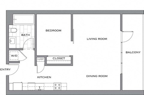 Floor plan for 1 bed, 1 bath, 713 sqft