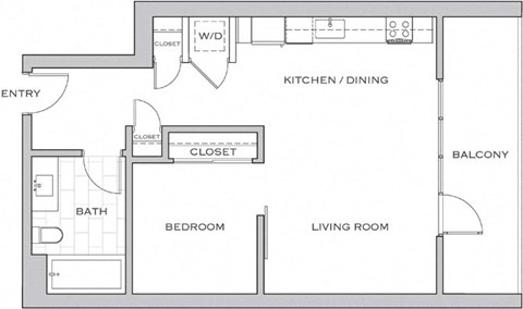 Floor plan for 1 bed, 1 bath, 715 sqft
