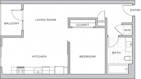 Floor plan for 1 bed, 1 bath, 762 sqft