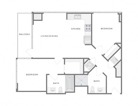 Floor plan for 2 beds, 2 baths, 975 sqft