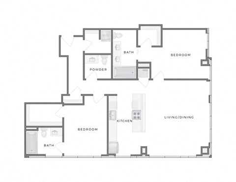 Floor plan for 2 beds, 2.5 baths, 1377 sqft