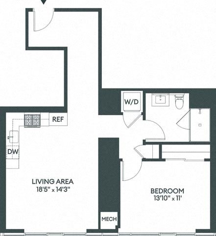 Floor plan for 1 bed, 1 bath, 802 sqft