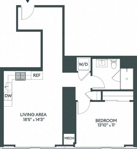 Floor plan for 1 bed, 1 bath, 817 sqft