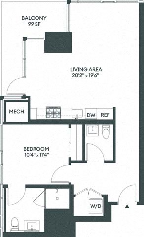 Floor plan for 1 bed, 1.5 baths, 818 sqft