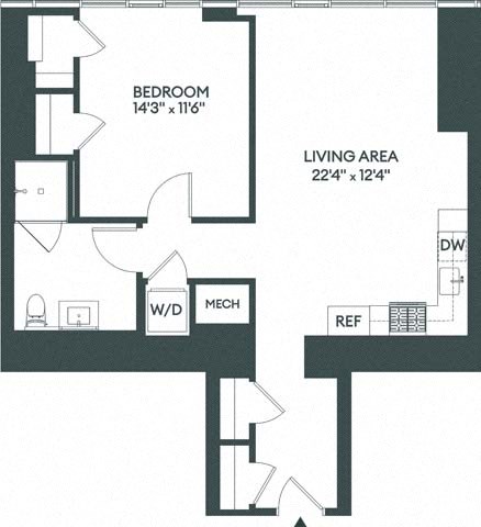 Floor plan for 1 bed, 1 bath, 835 sqft