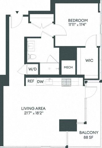 Floor plan for 1 bed, 1 bath, 860 sqft