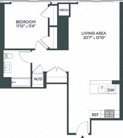 Floor plan for 1 bed, 1 bath, 882 sqft