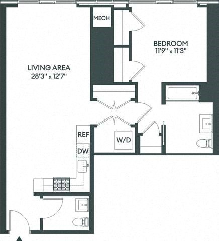 Floor plan for 1 bed, 1.5 baths, 891 sqft
