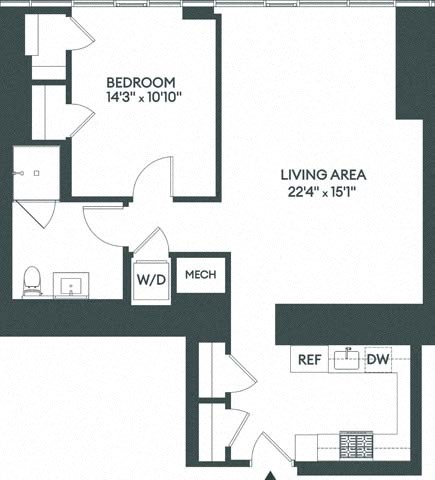Floor plan for 1 bed, 1 bath, 939 sqft