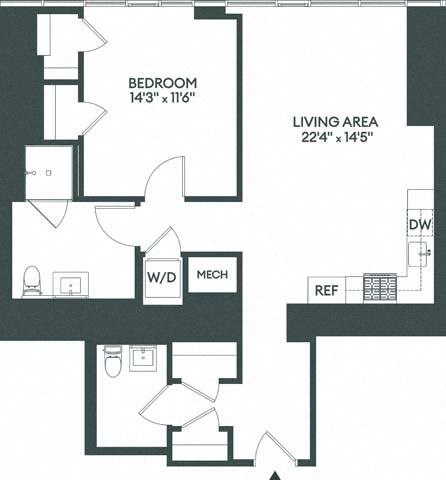 Floor plan for 1 bed, 1 bath, 939 sqft