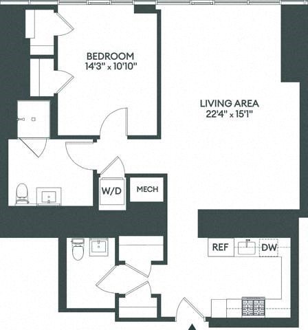 Floor plan for 1 bed, 1.5 baths, 1044 sqft