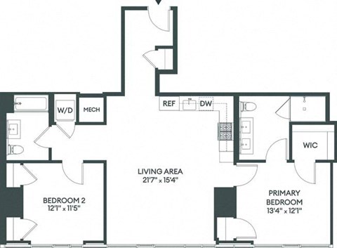 Floor plan for 2 beds, 2 baths, 1152 sqft