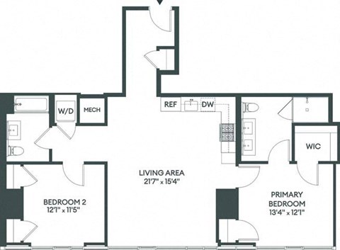 Floor plan for 2 beds, 2 baths, 1192 sqft