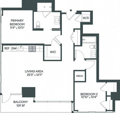 Floor plan for 2 beds, 2 baths, 1192 sqft