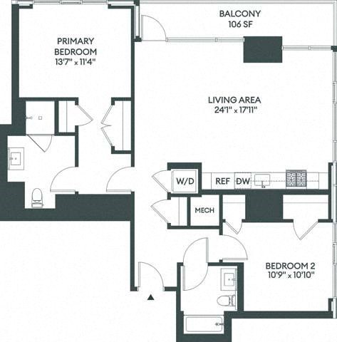 Floor plan for 2 beds, 2 baths, 1200 sqft