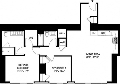Floor plan for 2 beds, 2 baths, 1230 sqft