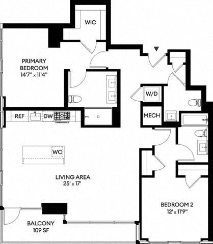 Floor plan for 2 beds, 2.5 baths, 1358 sqft