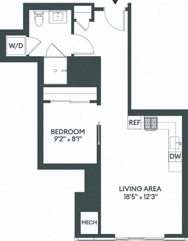Floor plan for 1 bed, 1 bath, 568 sqft