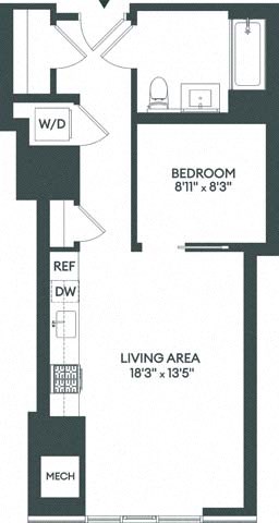 Floor plan for 1 bed, 1 bath, 594 sqft