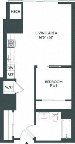 Floor plan for 1 bed, 1 bath, 627 sqft
