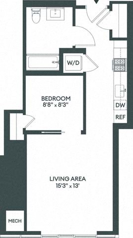 Floor plan for 1 bed, 1 bath, 636 sqft
