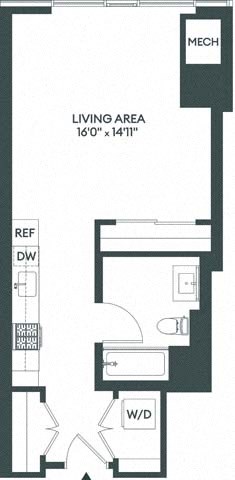 Floor plan for studio, 1 bath, 539 sqft