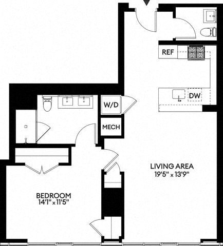 Floor plan for 1 bed, 1.5 baths, 915 sqft
