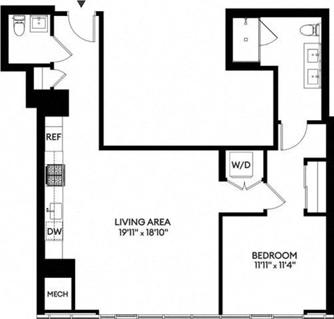 Floor plan for 1 bed, 1.5 baths, 926 sqft