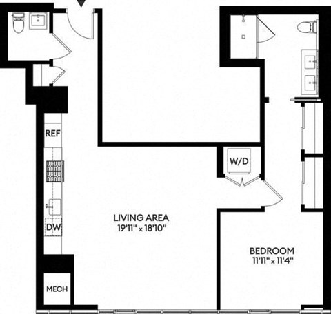 Floor plan for 1 bed, 1.5 baths, 926 sqft