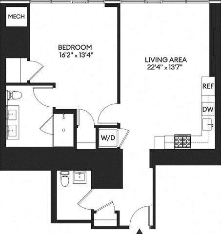 Floor plan for 1 bed, 1.5 baths, 937 sqft