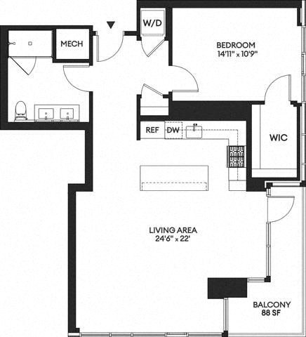 Floor plan for 1 bed, 1 bath, 992 sqft
