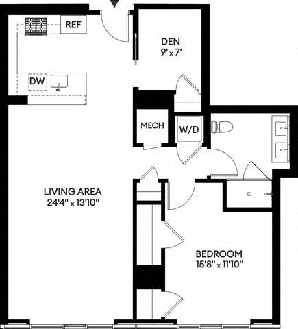 Floor plan for 1 bed, 1 bath, 1006 sqft