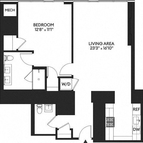 Floor plan for 1 bed, 1.5 baths, 1087 sqft
