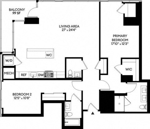 Floor plan for 2 beds, 2.5 baths, 1497 sqft