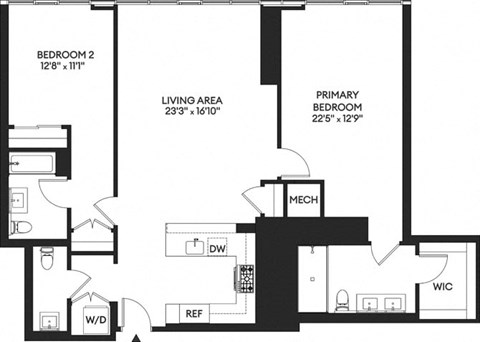 Floor plan for 2 beds, 2.5 baths, 1531 sqft