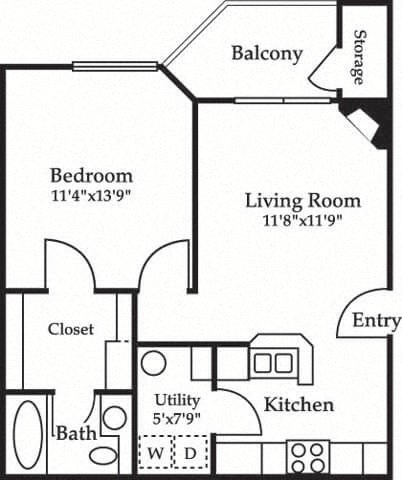 Floor plan for 1 bed, 1 bath, 616 sqft