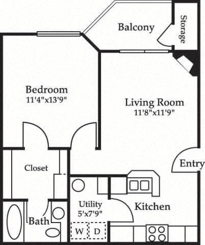 Floor plan for 1 bed, 1 bath, 616 sqft