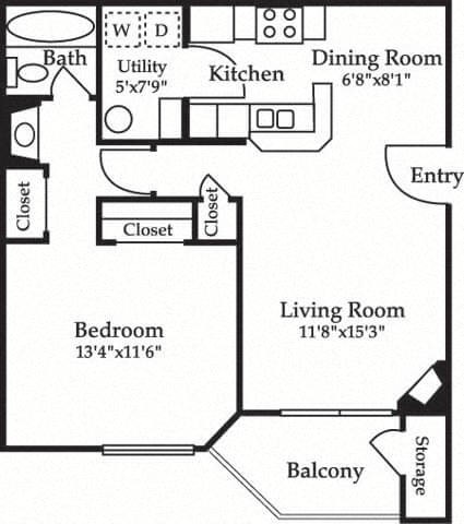 Floor plan for 1 bed, 1 bath, 668 sqft